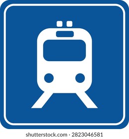 Minimalist blue square sign with a white train icon on tracks, signaling a railway crossing or station ahead, providing clear public transport guidance.