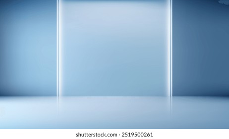 Fondo de estudio azul minimalista con luz de neón, ideal para presentaciones tecnológicas, proyectos creativos y diseños de interiores modernos. Telón de fondo perfecto para la exhibición digital elegante o los escaparates profesionales