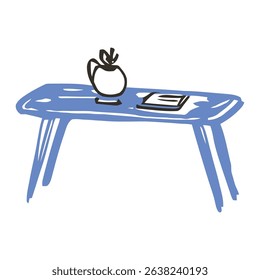 A minimalist blue table featuring a plant and a book, ideal for modern home decor. This design is perfect for interior decoration, offering a clean and stylish look.