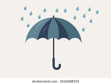 Minimalist Blue Umbrella Icon with Falling Raindrops. illustration of a navy blue umbrella with stylized water drops, perfect for weather icons and protection concepts. Climate change and ecology.