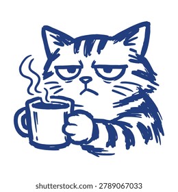 Minimalist blue line‑art vector of a grumpy cat holding a steaming coffee mug. Perfect for humor, lifestyle, and design projects needing expressive simplicity.