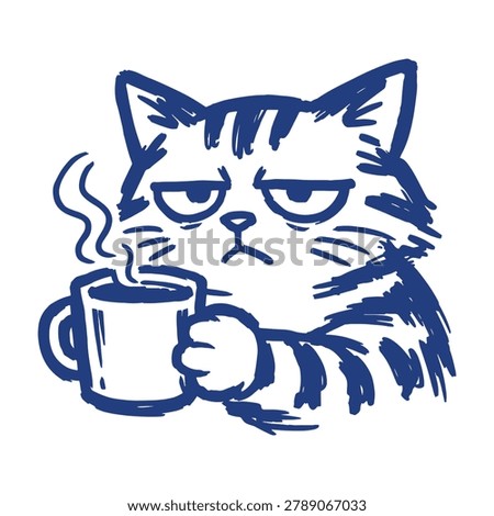 Minimalist blue line‑art vector of a grumpy cat holding a steaming coffee mug. Perfect for humor, lifestyle, and design projects needing expressive simplicity.