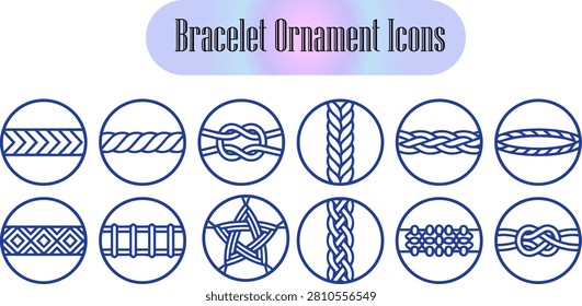 Minimalist blue vector icons of diverse handmade bracelet weaving patterns and decorative knots