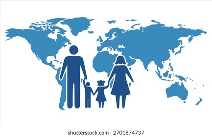 Una Ilustración vectorial azul minimalista que muestra una silueta familiar de padre, madre y dos niños de pie juntos frente a un mapa del mundo. Este diseño simboliza la unidad global, el amor