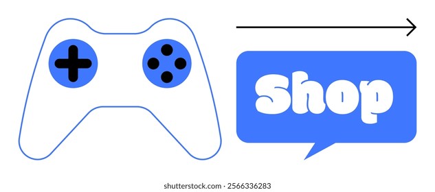 Minimalist blue and white design featuring a gaming controller next to a speech bubble with the word Shop. Ideal for promoting online game stores, gaming products, e-commerce, technology, and digital