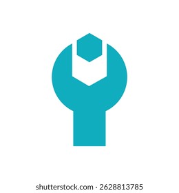 Minimalist blue wrench icon gripping a hex nut, symbolizing tools, repair, and maintenance. Ideal for concepts related to mechanics, engineering, or technical service.