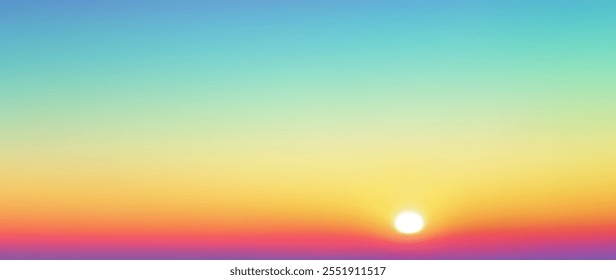 Minimalistisch unscharfer Sonnenuntergang Farbverlauf Hintergrund mit einer glühenden Sonne am Horizont. Schöner wolkenloser Sonnenaufgang oder Sonnenuntergang beschwört Ruhe, Wärme und natürliche Schönheit für Banner, Cover oder Poster