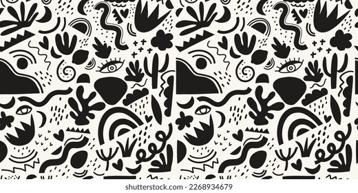 Minimalist bohemian abstract nature doodle shapes seamless pattern, modern hand-drawn vector tropical plant leaf, stairs, rainbow, geometrical shapes shape decoration 