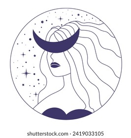 Minimalist bohemian composition of woman portrait with crescent moon and stars at sky. Isolated lady with constellations and celestial bodies, witchcraft and mystic astrology. Vector in flat style