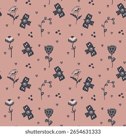 Vetor folclórico boêmio minimalista em rosa empoeirado com flores pretas desenhadas à mão e simbolismo abstrato para o design moderno