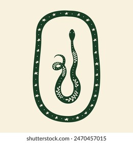 Minimalist bohemian logo of snake silhouette and frame. Mystical vector flat illustration of serpent with leaf branches and stars