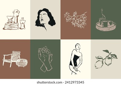 Minimalist bohemian modern art illustration set. Art for poster design, banners, wallpapers, brand identity, backgrounds.