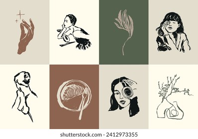 Minimalist bohemian modern art illustration set. Art for poster design, banners, wallpapers, brand identity, backgrounds.