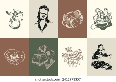 Minimalist bohemian modern art illustration set. Art for poster design, banners, wallpapers, brand identity, backgrounds.