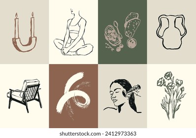 Minimalist bohemian modern art illustration set. Art for poster design, banners, wallpapers, brand identity, backgrounds.