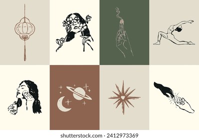 Minimalist bohemian modern art illustration set. Art for poster design, banners, wallpapers, brand identity, backgrounds.