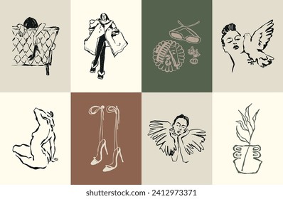 Minimalist bohemian modern art illustration set. Art for poster design, banners, wallpapers, brand identity, backgrounds.