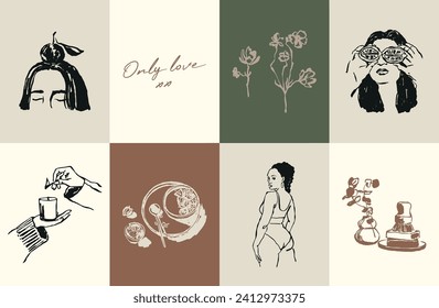 Minimalist bohemian modern art illustration set. Art for poster design, banners, wallpapers, brand identity, backgrounds.