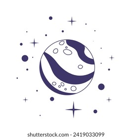 Minimalist bohemian planet with stars and constellations. Isolated celestial body with dots decoration, magical and alchemy design. Silhouette of sphere in cosmos or galaxy. Vector in flat style