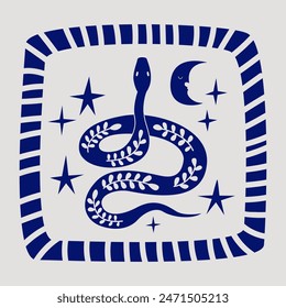 Minimalist bohemian poster of snake silhouette and abstract frame. Mystical vector flat illustration of serpent with moon and stars