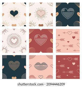 Minimalist Bohemian Valentine's day background, pattern. Geometric style heart, lips, sun and rainbow, design templates, geometric abstract design elements for decoration