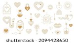 Minimalist Bohemian Valentine's day elements, art linear symbols and icons, heart, lips, sun and rainbow, design templates, geometric abstract design elements for decoration