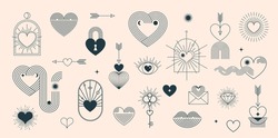 Minimalist Bohemian Valentine's Day Elements, Art Linear Symbols And Icons, Heart, Lips, Sun And Rainbow, Design Templates, Geometric Abstract Design Elements For Decoration