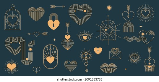 Minimalist Bohemian Valentine's day elements, art linear symbols and icons, heart, lips, sun and rainbow, design templates, geometric abstract design elements for decoration