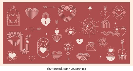 Minimalist Bohemian Valentine's day elements, art linear symbols and icons, heart, lips, sun and rainbow, design templates, geometric abstract design elements for decoration