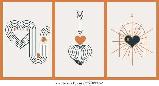 Minimalist Bohemian Valentine's day greeting cards, wall art prints. Heart, lips, sun and rainbow, design templates, geometric abstract design elements for decoration