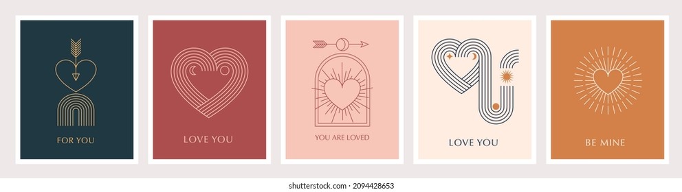 Minimalist Bohemian Valentine's day greeting cards, wall art prints. Heart, lips, sun and rainbow, design templates, geometric abstract design elements for decoration