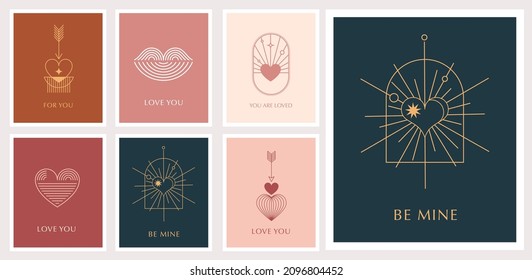 Minimalist Bohemian Valentine's day greeting cards, wall art prints. Heart, lips, sun and rainbow, design templates, geometric abstract design elements for decoration