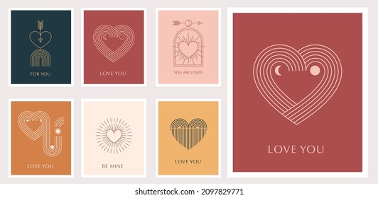 Minimalist Bohemian Valentine's day greeting cards, wall art prints. Heart, lips, sun and rainbow, design templates, geometric abstract design elements for decoration