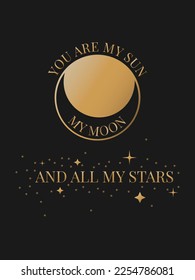 Minimalist Bohemian Valentine's day greeting card in gold colors on dark background