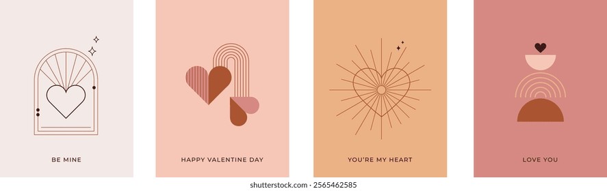 Minimalist Bohemian Valentine's day greeting cards, wall art prints. Heart, lips, sun and rainbow, design templates, geometric abstract design elements for decoration