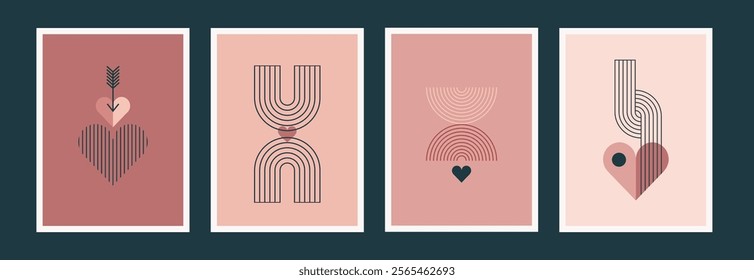 Minimalist Bohemian Valentine's day greeting cards, wall art prints. Heart, lips, sun and rainbow, design templates, geometric abstract design elements for decoration