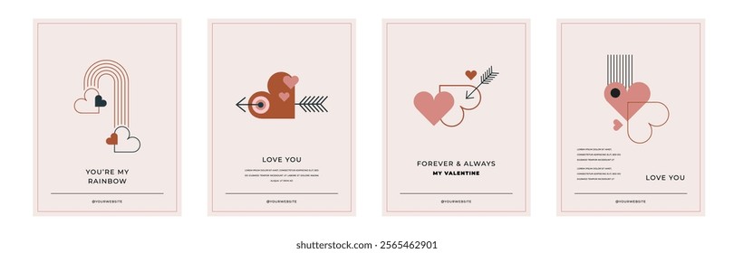 Minimalist Bohemian Valentine's day greeting cards, wall art prints. Heart, lips, sun and rainbow, design templates, geometric abstract design elements for decoration