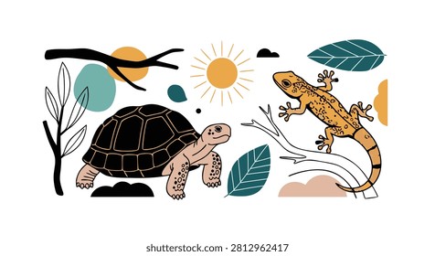 Minimalist bohemian vector illustration of a tortoise and lizard amidst abstract organic shapes, leaves, and sun.