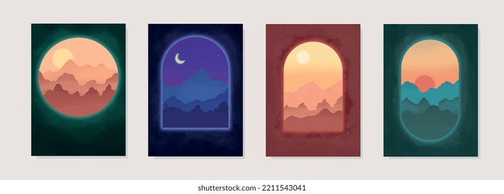 Minimalist bohemian wall art set. Windows and arcs, desert landscape views design. Boho esthetic print for decoration.  Burnt orange, terracotta, mustard hues. Vector set printable.