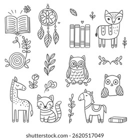Minimalist boho black ink doodles line art