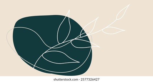 Minimalist Boho Botanical Line Drawing With Leaves and Abstract Shapes in Neutral Colors. A modern illustration showcasing a minimalist line drawing of botanical elements with abstract shapes