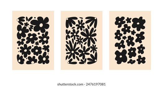Minimalist boho floral posters. Vector flat illustrations of flowers silhouettes. 
