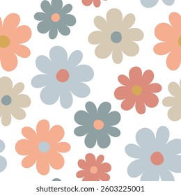 Minimalist boho floral seamless pattern with delicate daisies in retro colors. Cute vintage flower Background for wallpaper, baby product, branding, textile, web Design, poster, greeting card, sticker