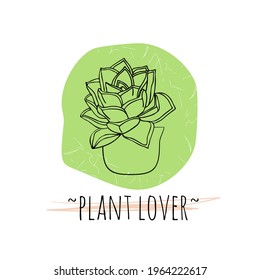 Minimalist boho illustration of quote Plant lover with black line art potted house plant succulent and abstract shapes background. Stock vector.