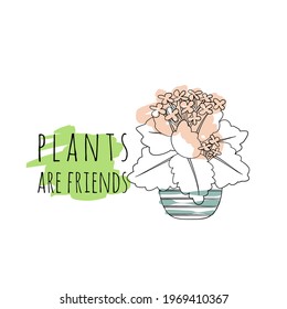 Minimalist boho illustration of quote Plants are friends with black line art potted house plant kalanchoe and abstract shapes background. Stock vector.