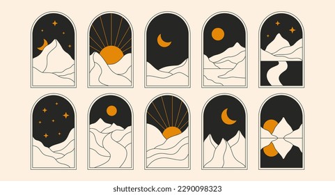 Marcos de paisaje de boho minimalista. Elementos modernos de luna de montaña del desierto para el icono del logo, tatuaje de decoración de arte. Conjunto de vectores