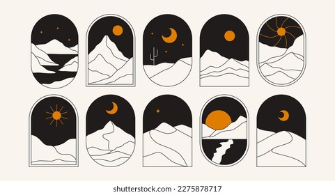 Minimalist boho landscape frames. Modern mountain desert moon sun elements, art decor contemporary aesthetic. Vector set