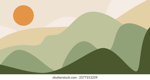 Minimalist Boho Landscape Illustration With Rolling Green Hills and Bright Sun. A simple and modern abstract illustration featuring layers of green hills beneath a bright orange sun