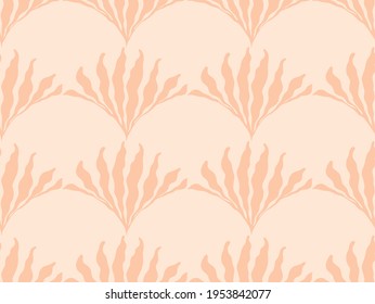 Minimalist boho seamless pattern with leaves in mid century style in an earthy palette. Modern abstract aesthetic background with trendy leaves for wallpaper, wrapping paper and design in beige.