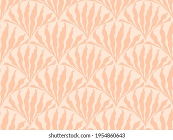 Minimalist boho seamless pattern with leaves in mid century style in an earthy palette. Modern abstract aesthetic background with trendy leaves for wallpaper, wrapping paper and design in beige.